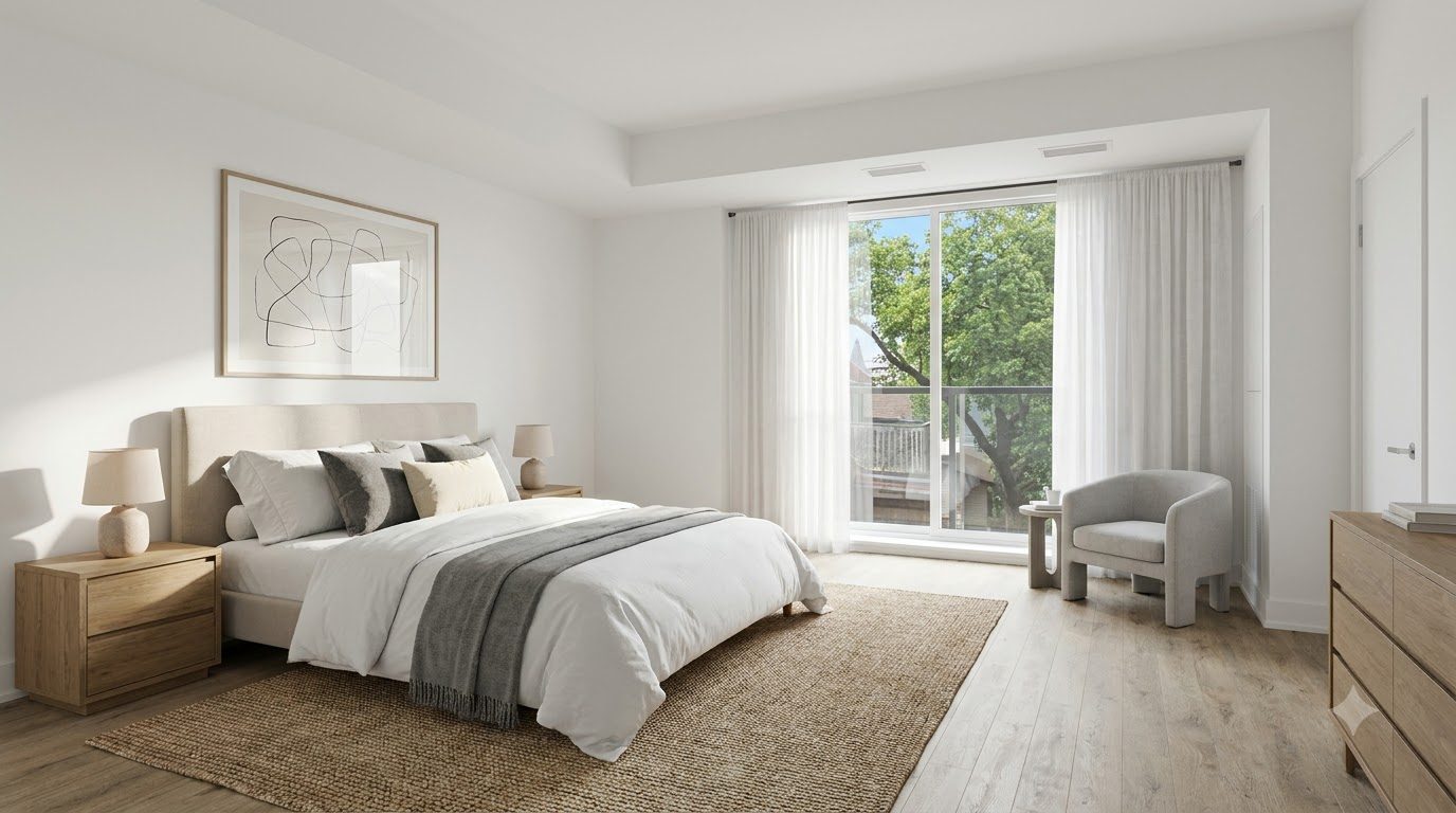 Staged bedroom, modern minimalist