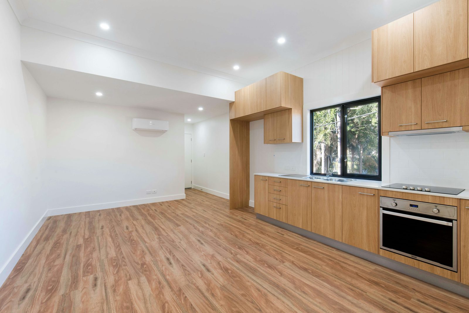 Empty kitchen and dining space